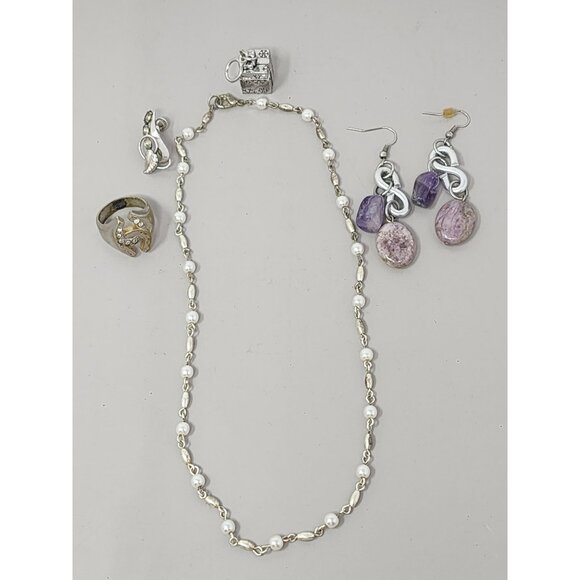 Unknown Jewelry - 5 Vintage Silver Costume‎ Jewelry Ring/Faux Pearl Necklace/Charm/Earrings